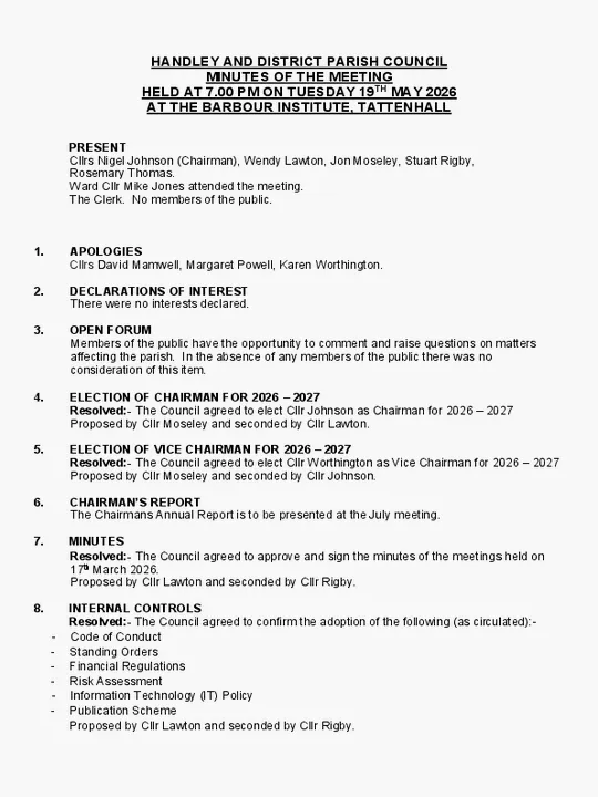 Handley and District Parish Council minutes 19 May 2026