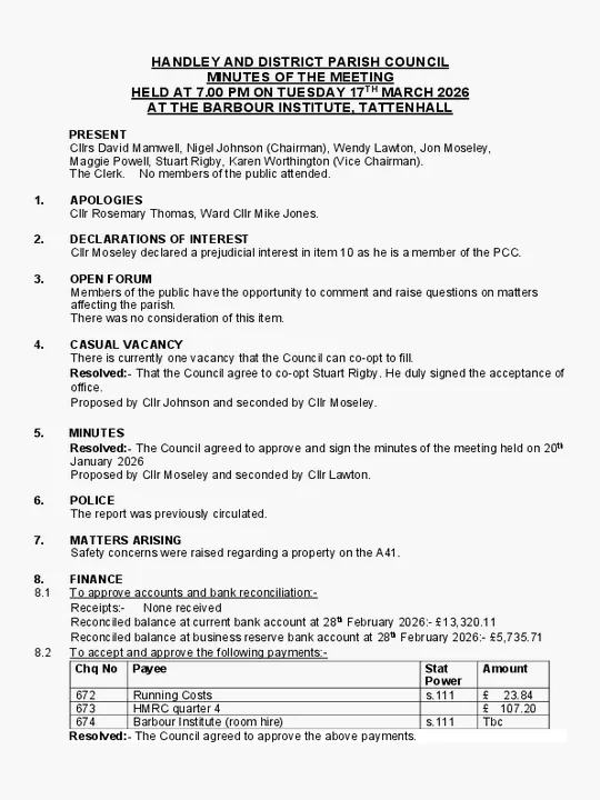 Handley and District Parish Council minutes 17 March 2026