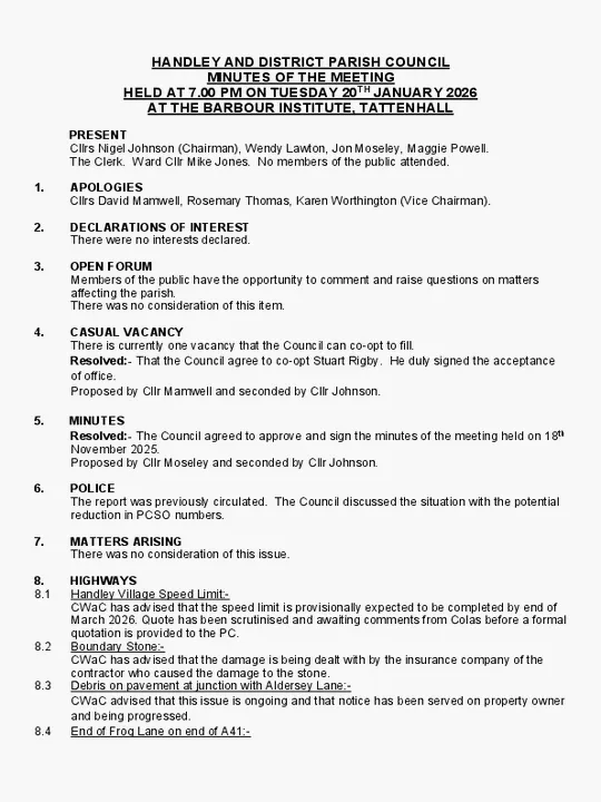 Handley and District Parish Council minutes 20 January 2026