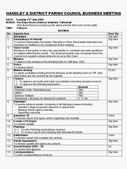 Handley and District Parish Council agenda 21 July 2026
