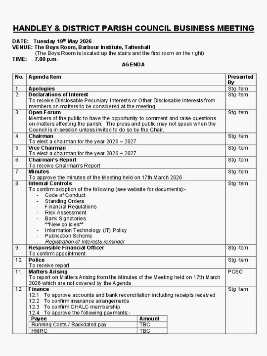Handley and District Parish Council agenda 19 May 2026