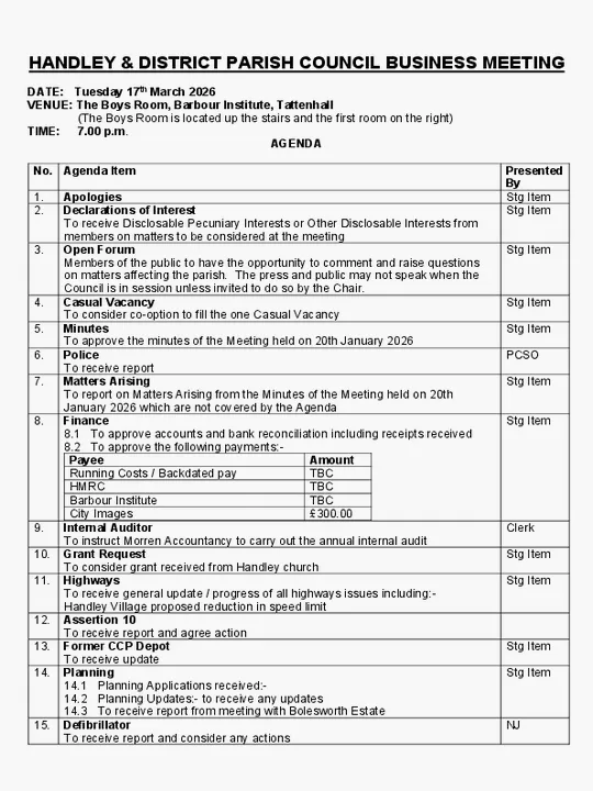 Handley and District Parish Council agenda 17 March 2026